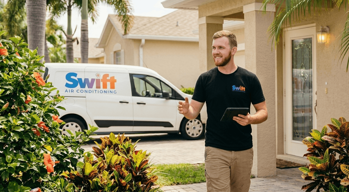Swift AC technician arriving for an in-home consultation in Broward County