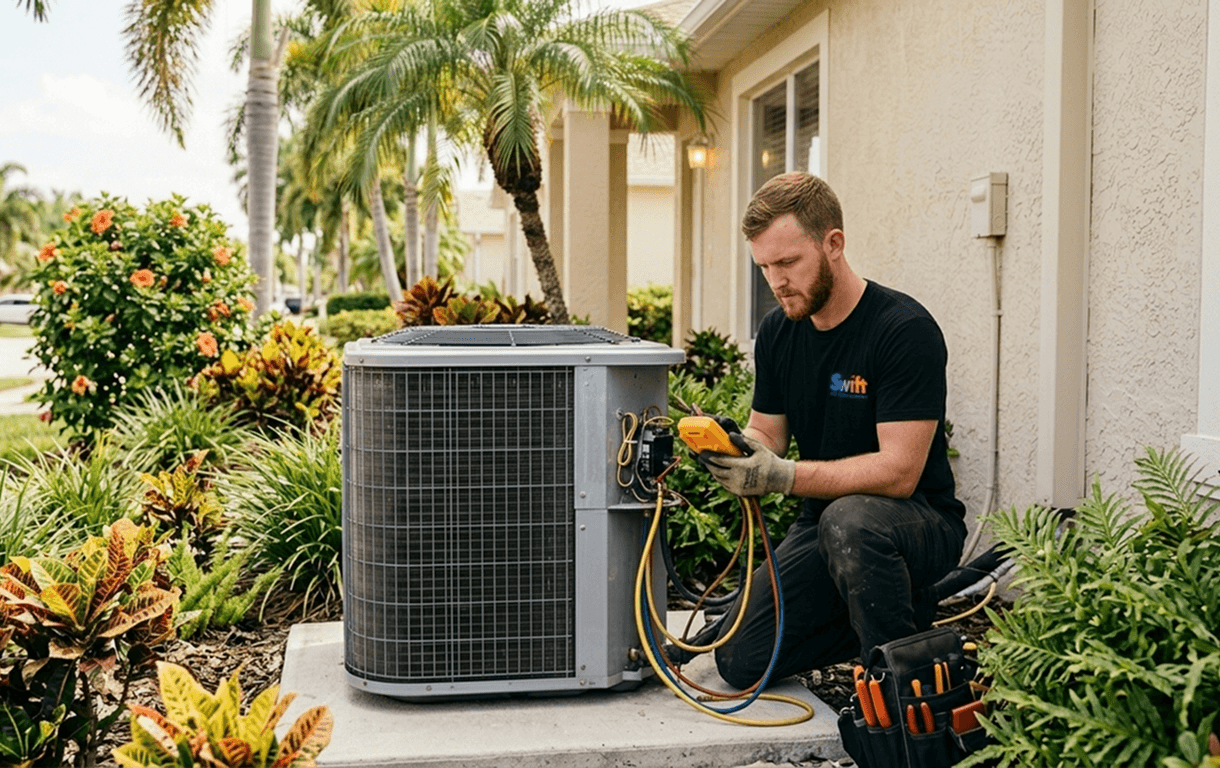 Swift AC technician diagnosing a residential condenser unit in Broward County