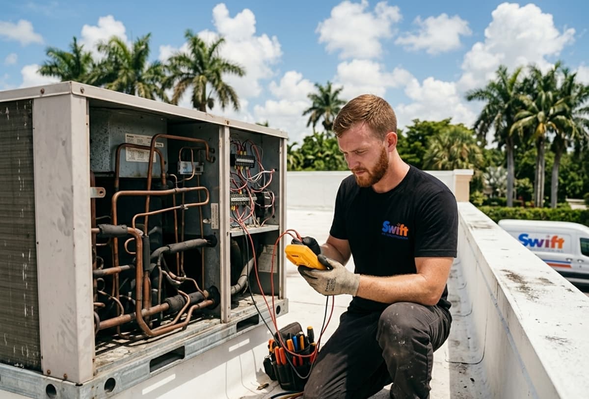 Swift AC technician servicing a commercial rooftop unit in Broward County