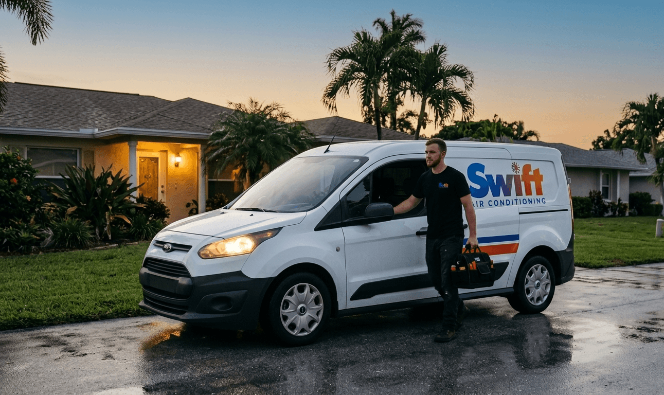 Swift AC service van at a home at dusk in Broward County