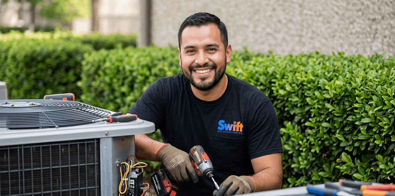 Swift AC technician working on an outdoor condenser in Broward County