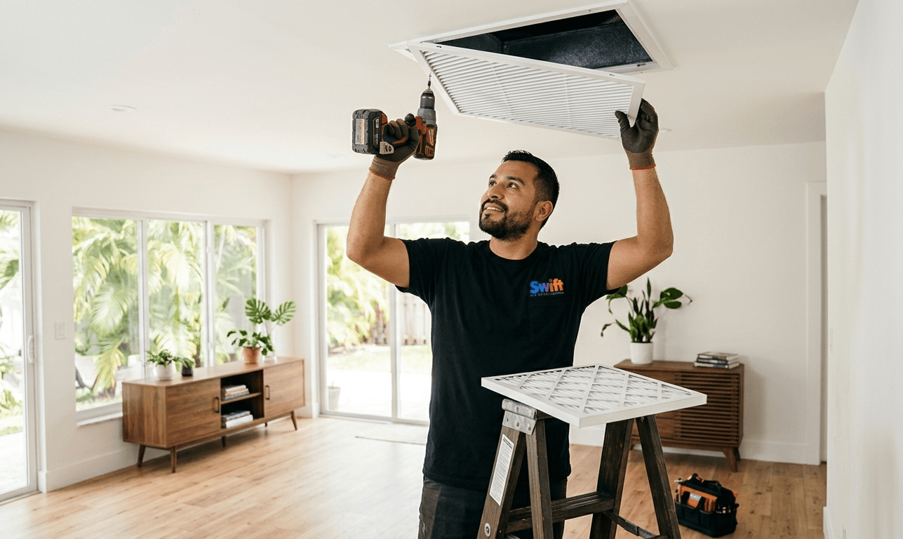 Swift AC technician working on a ceiling air vent in Broward County