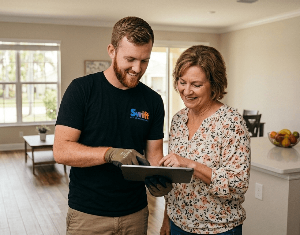 A Swift AC technician walking a homeowner through her options at her kitchen table